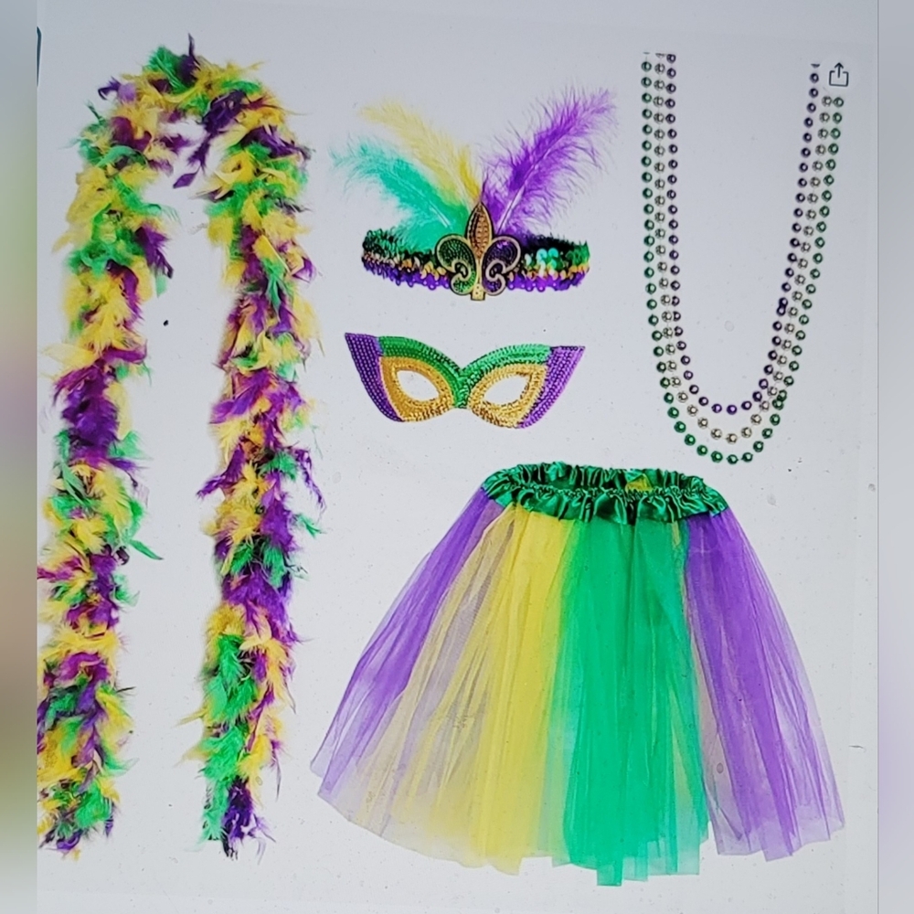NWT MARDI GRAS SET TUTU MASK BEADS SOCKS FEATHER FAUX  HEADBAND AND SCARF - Picture 5 of 6